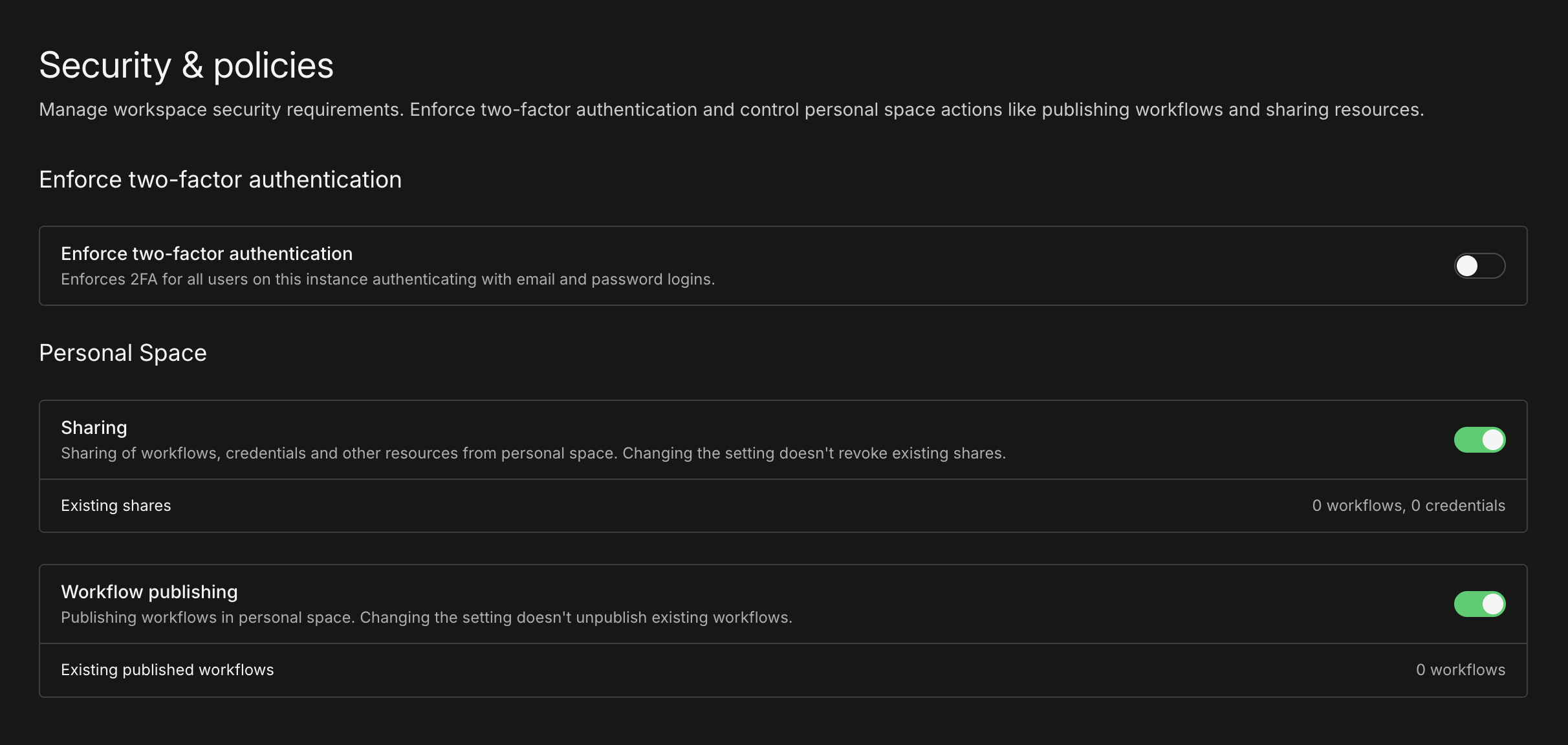 Security and policies settings